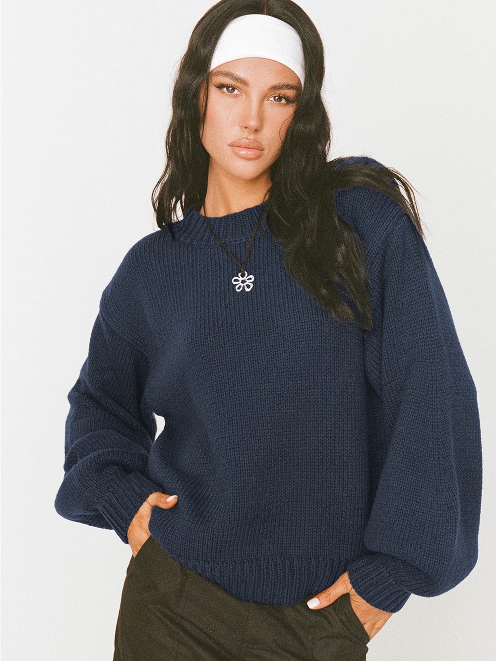 Princess Polly Navy Crewneck Sweater with Balloon Sleeves